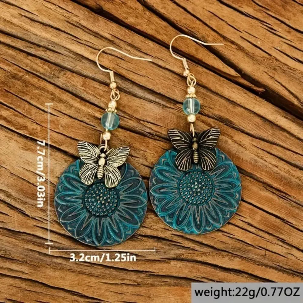 New - Bohemian Round Blue Sunflower and Butterfly Drop Earrings